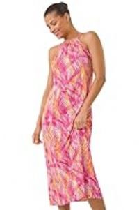 Roman Women Halterneck Midi Dress - Ladies Halter Neckline Maxi Spring Everyday Summer Holiday Sleeveless Soft Tie Waist Detail Keyhole Neck Gown Vacation Frocks - Pink Palm - Size 12