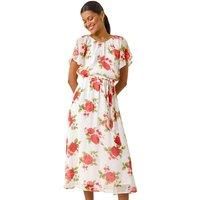 Roman Originals Floral Split Sleeve Midi Dress for Women UK - Ladies Everyday Holiday Spring Summer Round Neckline Comfy Soft Evening Vacation Work Party - Ivory Floral - Size 16
