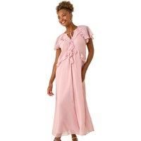 Roman Originals Frill Tie Neck Maxi Dress for Women UK - Ladies Everyday Holiday Spring Summer V-Neckline Comfy Soft Evening Vacation Work Party - Light Pink - Size 18