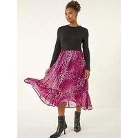 Roman Originals 2 in 1 Animal Print Stretch Midi Dress for Women UK - Ladies Everyday Autumn Winter Round Neckline Comfy Soft Evening Vacation Work Party Night Out - Magenta - Size 18