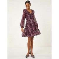Roman Originals Animal Frill V-Neck Dress For Women UK - Ladies Autumn Winter