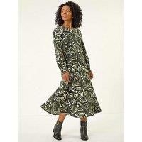 Roman Petite Printed Shirred Midi Dress - Black