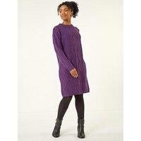 Roman Petite Cable Knit Jumper Dress for Women UK - Ladies Everyday Autumn Winter Round Neckline Comfy Soft Evening Vacation Work Party Night Out - Petite Purple - Size 12
