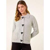 Roman Originals Bow Buttoned Collared Cardigan for Women UK - Ladies Everyday Autumn Winter Round Neckline Comfy Soft Evening Vacation Work Party Night Out - Grey - Size 20