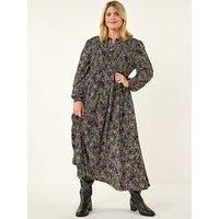 Roman Curve Abstract Print Shirred Midi Dress - Purple