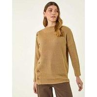 Roman Originals Side Buttoned Knit Jumper for Women UK - Ladies Everyday Autumn Winter Shaped Neckline Comfy Soft Evening Vacation Work Party Night Out - Tan - Size 18