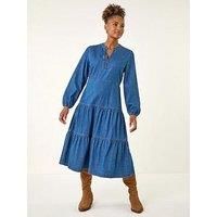 Roman Women's Cotton Denim Tiered Midi Dress in Mid Blue | Size: 18