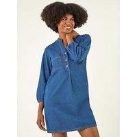 Roman Women's Cotton Denim Button Shift Dress in Mid Blue | Size: 16