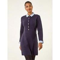 Roman Women's Stripe Collar Buttoned Knit Dress in Navy | Size: 12