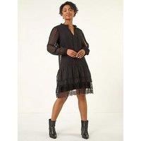 Roman Petite Frill Tie Front Lace Dress for Women UK - Ladies Everyday Autumn Winter Round Neckline Comfy Soft Evening Vacation Work Party Night Out - Petite Black - Size 12