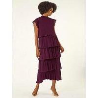 Roman High Neck Tiered Pleat Midi Dress - Purple