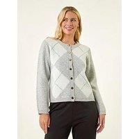 Roman Women's Petite Argyle Buttoned Knit Cardigan Sweater in Grey | Size: 14