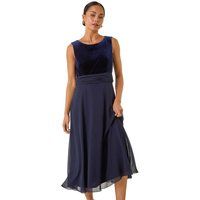 Roman Petite Velvet Bodice Midi Dress for Women UK - Ladies Everyday Autumn Winter Round Neckline Comfy Soft Evening Vacation Work Party Night Out - Petite Midnight Blue - Size 18