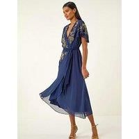 Roman Originals Premium Beaded Wrap Midi Dress Women UK - Ladies Autumn Winter