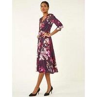 Roman Women's Floral Crossover Stretch Midi Dress in Wine | Size: 20