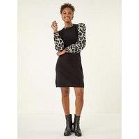 Roman Animal Print Mix Frill Short Dress - Grey