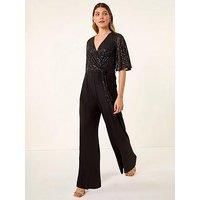 Roman Originals Sequin Flutter Sleeve Stretch Jumpsuit For Women UK - Ladies Everyday Autumn Winter V-Neckline Comfy Soft Evening Vacation Work Party Night Out - Black - Size 18