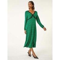 Roman Originals Lace Front Midi Dress for Women UK - Ladies Everyday Autumn Winter V-Neckline Comfy Soft Evening Vacation Work Party Night Out - Green - Size 18