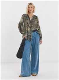 JD WILLIAMS Georgette Collarless Blouson Sleeve Blouse Natural Print 10