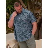 Badrhino Chambray Tonal Leaf Print Short Sleeve Shirt - Blue