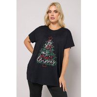 Yours Women's Glitter Christmas Tree Novelty T-Shirt in Black | Size: 14-16