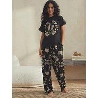 B By Ted Baker T-Shirt And Satin Trouser Floral Pyjama Set - Black