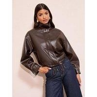 Friends Like These Pu Funnel Neck Bomber Jacket - Chocolate Brown