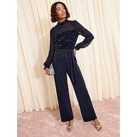 Friends Like These Sequin Mix Chiffon Jumpsuit - Navy