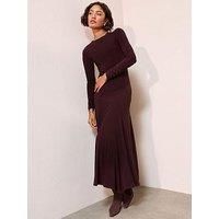 Friends Like These Slinky Ruched Long Sleeve Button Shoulder Maxi Dress - Burgundy