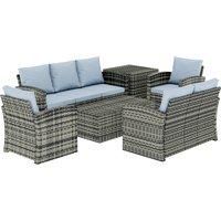 Outsunny 6 Pieces Rattan Garden Furniture Set, 7 Seater Wicker Outdoor Furniture Set with Storage Tea Table & Side Table, Grey