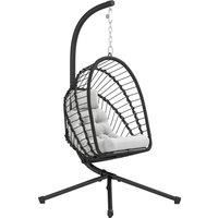 Outsunny Outdoor PE Rattan Swing Chair with Cushion, Garden Foldable Basket Patio Hanging Egg Chair with Metal Stand, Headrest, for Indoor and Outdoor, Black