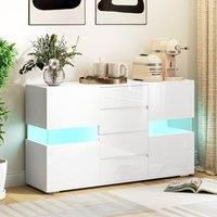 HOMCOM LED Sideboard for Living Room, High Gloss 2-Door Storage Cabinet with 4 Drawers and Remote Control, White
