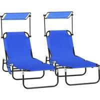 Outsunny 2 Piece Folding Sun Loungers with Canopy, Adjustable Recliner Garden Chairs with Breathable Mesh for Outdoor, Pool, Beach, Garden, Blue