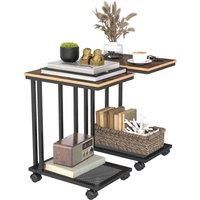 HOMCOM C Shaped Side Table Set of 2 with Wheels, Mobile End Table, Laptop Stand with Metal Frame and Storage Shelf, Rustic Brown