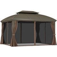 Outsunny 3.65 x 3(m) Hardtop Steel Gazebo Canopy with Aluminium Frame, Double Roof, Net Sidewalls and Curtains, Coffee