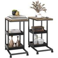 HOMCOM Mobile Sofa Side Table Set of 2, Industrial C-Shaped Rolling Couch Table with 3-Tier Storage Shelving Four Lockable Wheels Steel Frame, Dark Brown