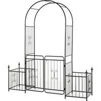 Outsunny Metal Garden Arbor Arch with Double Doors, 2 Side Planter Baskets, Climbing Vine Frame, Black
