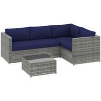 Outsunny 3Pcs Rattan Corner Sofa Set with Coffee Table, Cushion, Blue