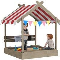 Outsunny House-Designed Wooden Sandbox, Outdoor Sandpit, with Blackboard, Toys, Sink, Seats, Flags, for Ages 3-7 Years - Grey