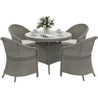 Outsunny 4 Seater Rattan Garden Furniture Set with Cushions, Round PE Rattan Dining Set with Glass-Top Table, Umbrella Hole, Outdoor Garden Table and Chairs, Grey
