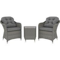 Outsunny 3 Pieces Rattan Bistro Set, Wicker Garden Bistro Set, Glass Top Balcony Table and Chairs with Cushions for Outdoor, Patio, Balcony, Light Grey