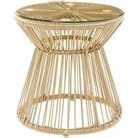 Outsunny Round End Table, Rattan Side Table, Hollow Drum Design Coffee Table w/ Glass Tabletop for Patio, Garden, Balcony Natural