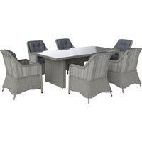 Outsunny 6 Seater Rattan Dining Set, Round PE Rattan Garden Furniture Set with Seat and Back Cushions, Aluminium Outdoor Dining Table and Chairs with 6 Armchairs, Rectangular Glass Top Table, Grey