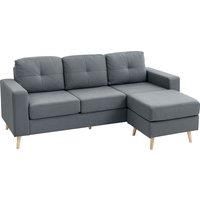HOMCOM 3 Seater Sofa with Footstool, Fabric L-Shaped Sofa, Sectional Couch with Wood Legs, Tufting Cushioned Back for Small Space, Living Room, Office, Dark Grey