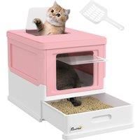 PawHut Hooded Cat Litter Box, Portable Pet Toilet, with Scoop, Front Entry - Pink