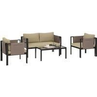 Outsunny 4 Piece Metal Garden Furniture Set with Tempered Glass Coffee Table, Texteline Pocket, Outdoor Set Loveseat Single Armchairs with Padded Cushions, Khaki