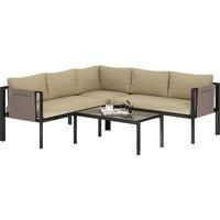 Outsunny 4 Piece Metal Garden Furniture Set with Tempered Glass Coffee Table, Breathable Mesh Pocket, Outdoor Conversational Corner Sofa Loveseat with Padded Cushions, Khaki