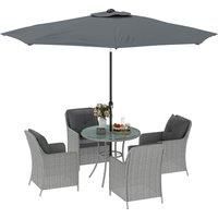 Outsunny 4 Seater Rattan Dining Set with Parasol & Cushions - Light Grey