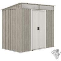 Outsunny 6.5 x 4FT Galvanised Metal Shed with Foundation Kit, Lockable Tool Garden Shed with Double Sliding Doors, Vents, Light Grey Wood Effect