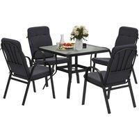 Outsunny 5 Pieces Outdoor Square Garden Dining Set w/ Tempered Glass Dining Table 4 Cushioned Armchairs, Umbrella Hole, Black